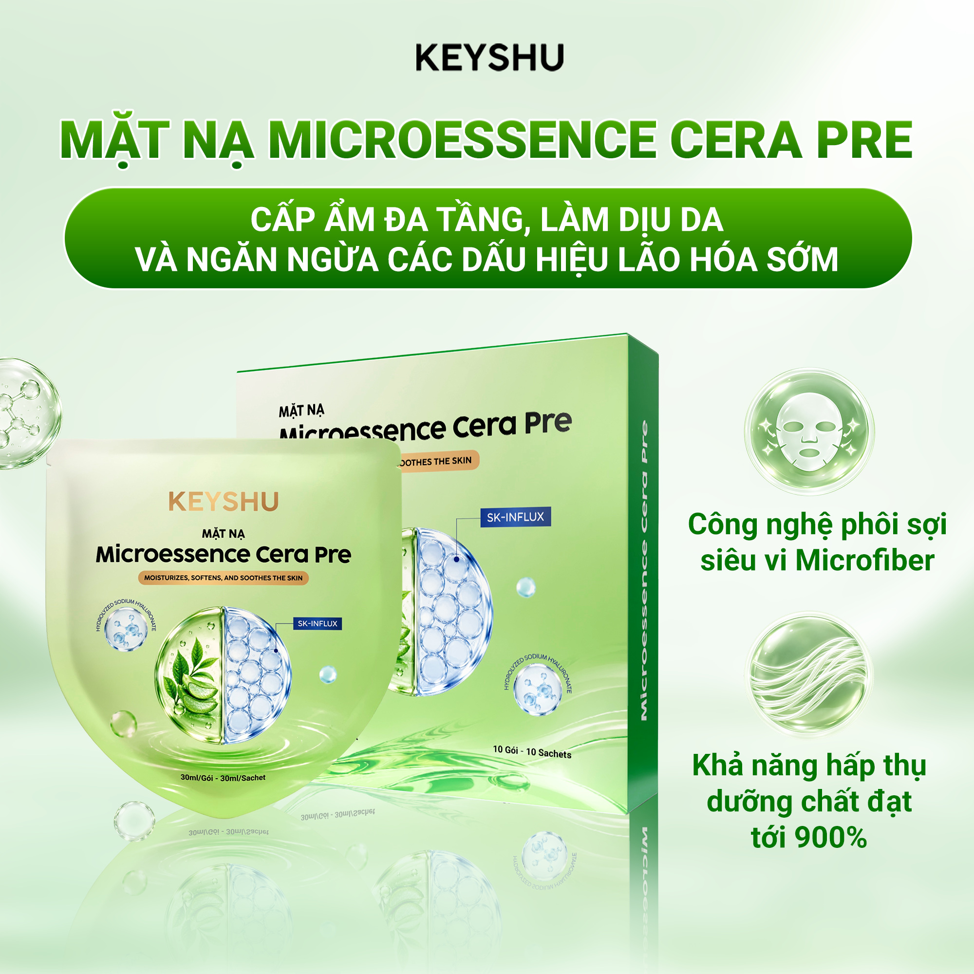 Mặt nạ KEYSHU Microessence Cera Pre cấp ẩm đa tầng với công nghệ Microfiber.