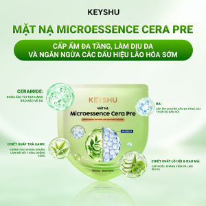 Thành phần mặt nạ KEYSHU Microessence Cera Pre gồm Ceramide, HA, trà xanh, lô hội và rau má.
