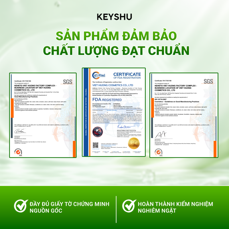 Hình ảnh các tài liệu chứng nhận SGS và đăng ký FDA được giới thiệu cùng sản phẩm mặt nạ KEYSHU.