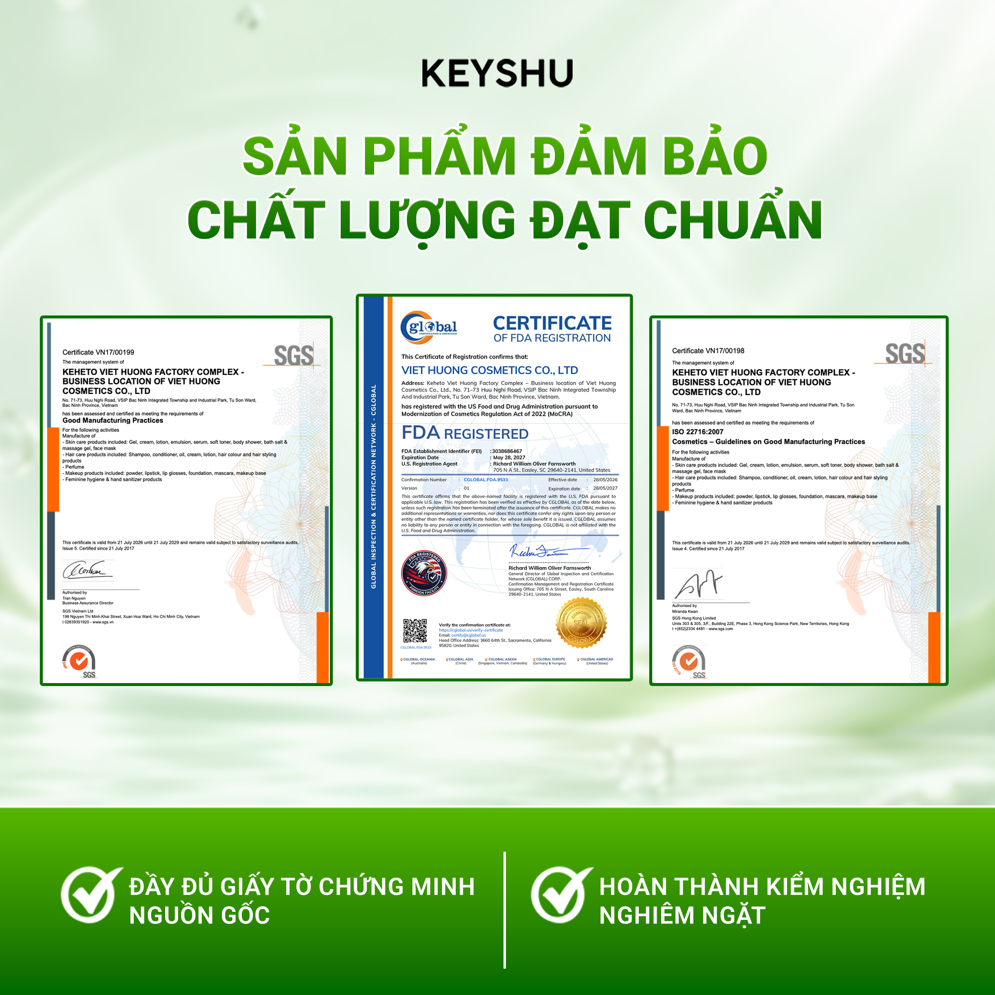 Hình ảnh các tài liệu chứng nhận SGS và đăng ký FDA được giới thiệu cùng sản phẩm mặt nạ KEYSHU.