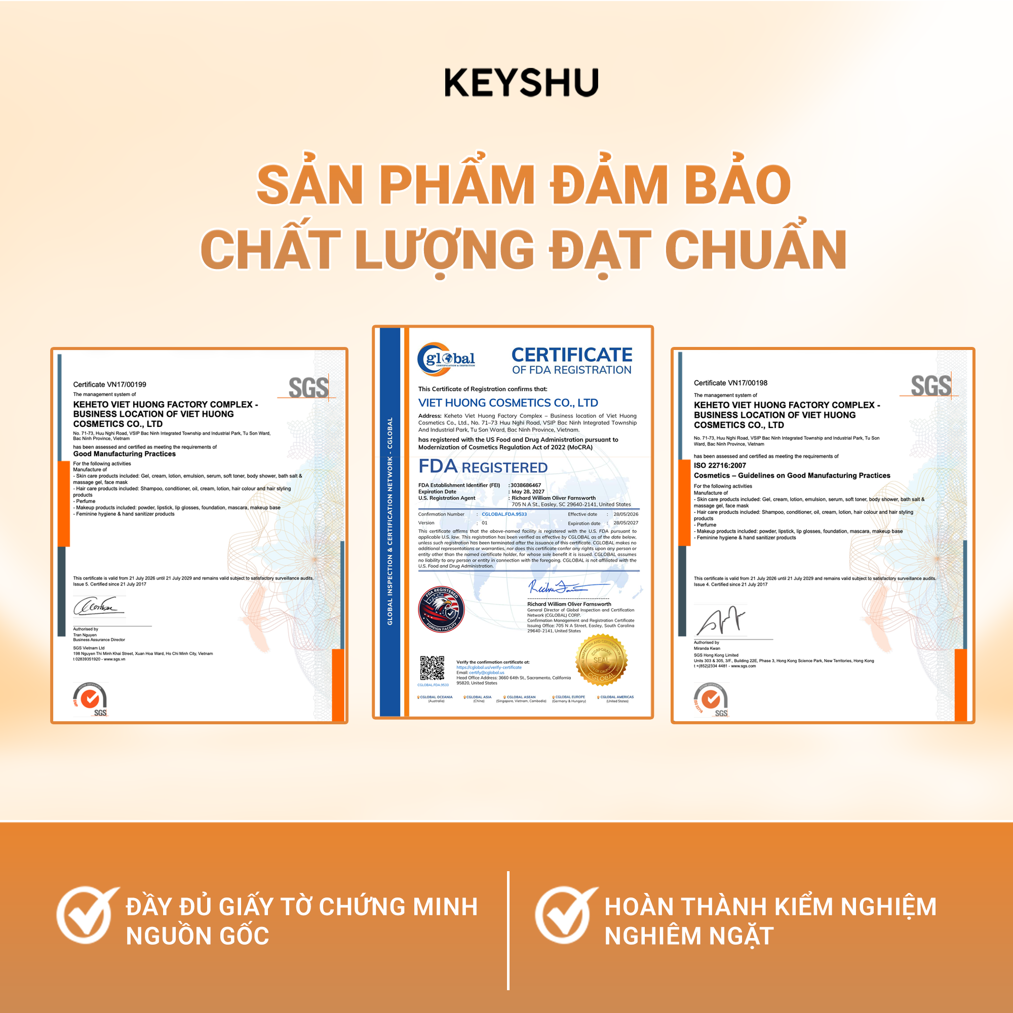 Hình ảnh tài liệu chứng nhận ISO 22716 và đăng ký FDA được giới thiệu cùng kem dưỡng Brightening Cream KEYSHU.