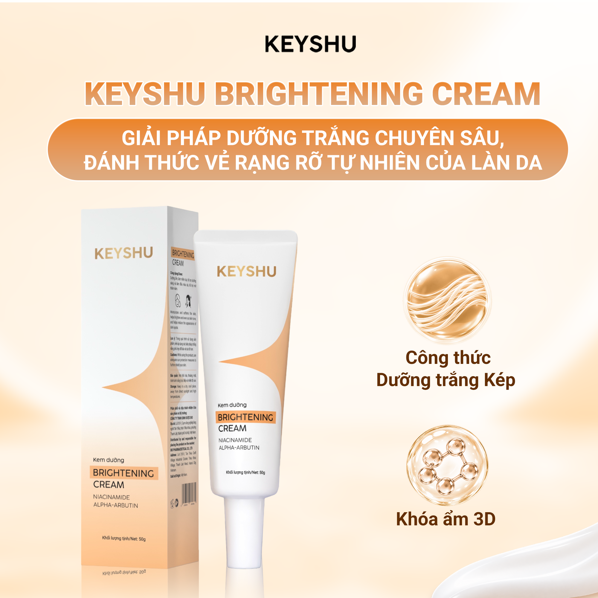 Kem dưỡng Brightening Cream KEYSHU 50g với công thức dưỡng trắng kép, cấp ẩm 3D giúp da sáng mịn và đều màu.